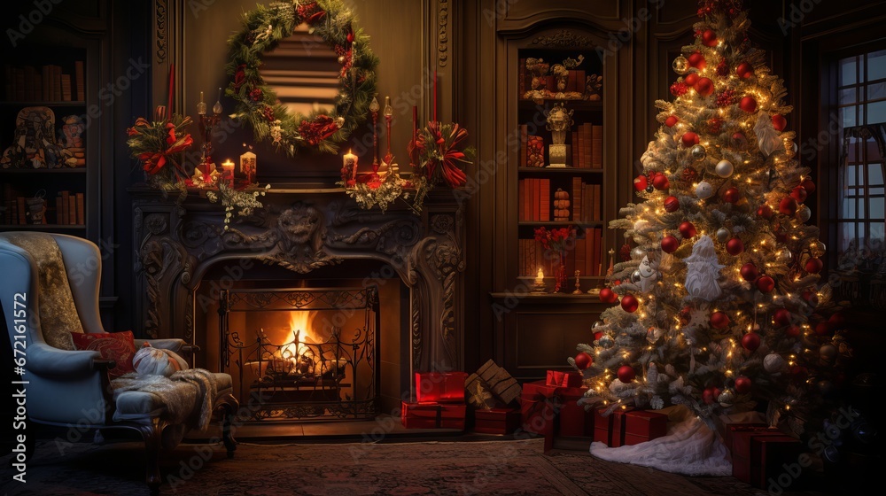 Cozy Christmas atmosphere with a glowing tree, fireplace, and gifts in a dark festive interior