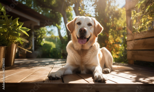 Happy dog on wooden terrace.