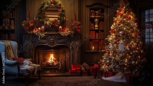 Cozy Christmas atmosphere with a glowing tree, fireplace, and gifts in a dark festive interior