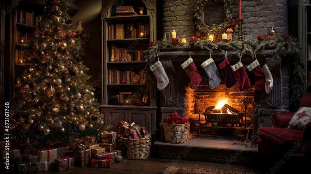 Enchanting Christmas scene: glowing tree, cozy fireplace, and festive gifts in a magical interior