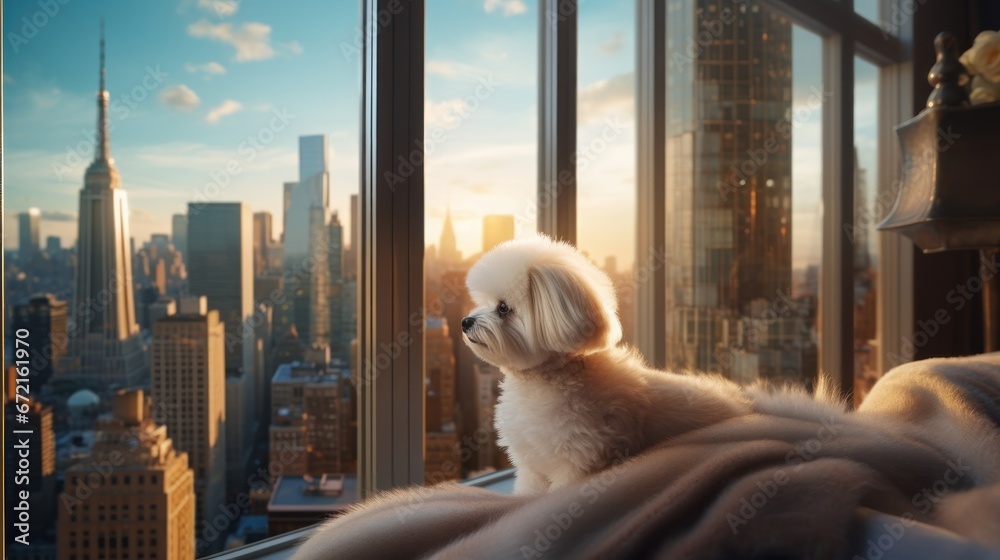The Bichon Frise dog resides in an apartment, with views of skyscrapers visible from the windows. This paints a picture of an urban living environment for the canine companion.