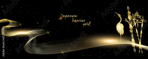 Golden botany banner.Japanese style Hand drawn vector . Line art style design. Concept tradi.Gold Asian banner illustration. Golden Japanese background with asian bird.layout design in oriental style.