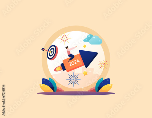 Startup Concept. Launch the business in 2024. targets and goals in 2024. opportunities and new ventures. a businessman boarding a flying rocket. illustration concept design. vector elements. Calendar photo