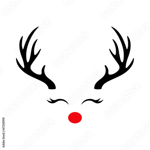 Tiempo de Navidad. Logo con reno Rudolph con hocico color rojo, astas y pestañas para su uso en tarjetas y felicitaciones