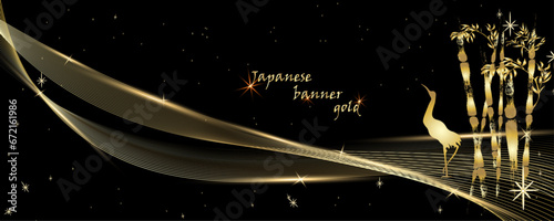 Golden botany banner.Japanese style Hand drawn vector . Line art style design. Concept tradi.Gold Asian banner illustration. Golden Japanese background with asian bird.layout design in oriental style.