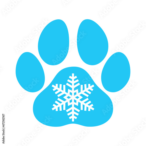 Tiempo de Navidad. Logo pet friendly. Silueta de zarpa de perro o gato con copo de nieve para su uso en invitaciones y tarjetas