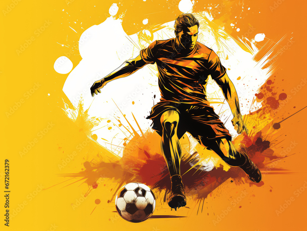 Dribbling soccer player with football ball, flat art style colorful poster, illustration.