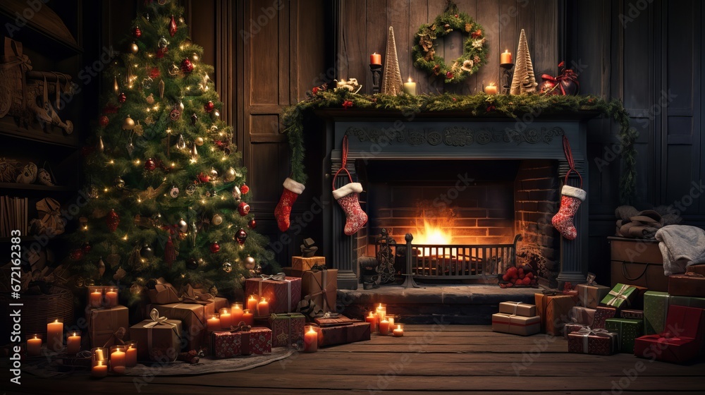 Interior Christmas scene with glowing tree, fireplace, and gifts in a cozy dark setting