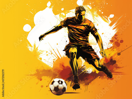 Dribbling soccer player with football ball  flat art style colorful poster  illustration.