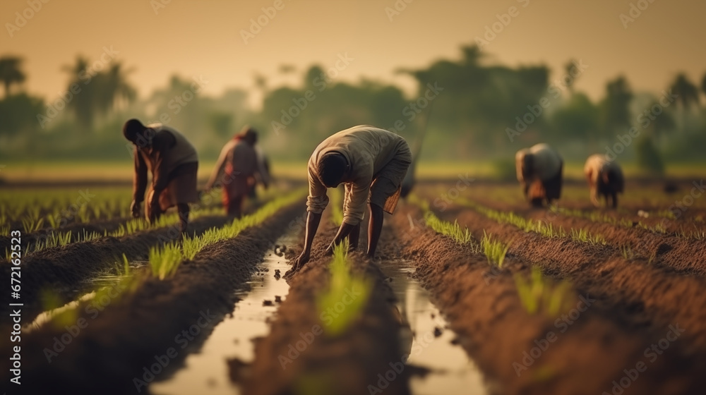 manual workers sowing rice in rural india - obrazy, fototapety, plakaty 