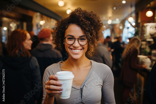 Break pause during work concept. Portrait of friendly female woman happy lady for social media, inside cafe or restaurant with eco paper cup tea coffee drink smiling in camera, crowd on background photo