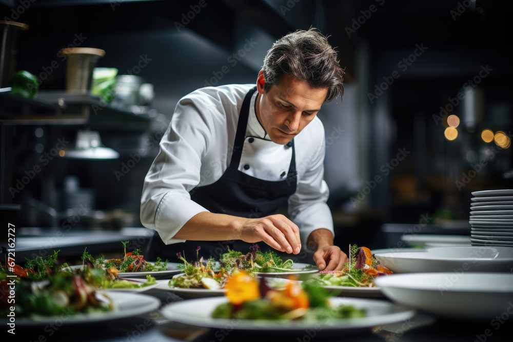 Professional chef meticulously plating gourmet dish in a modern Professional chef meticulously plating gourmet dish in a modern