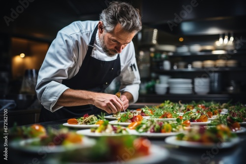 Professional chef meticulously plating gourmet dish in a modern