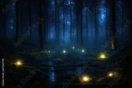 Dark forest with lit candles