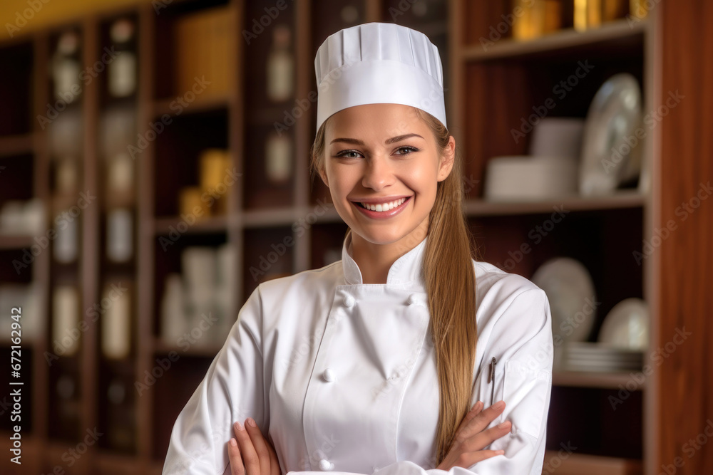 Cheerful young female chef in white uniform and hat smiling confidently Cheerful young female chef in white uniform and hat smiling confidently
