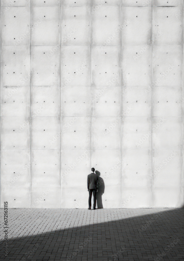 Man standing alone against a large geometric concrete wall