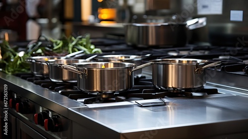 Industrial cooktop filled with a large number of different stainless steel pots and pans