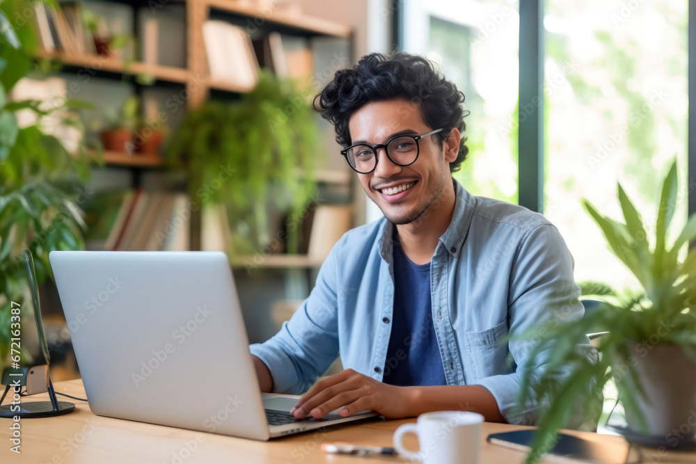 Cheerful man with glasses working on laptop in a cozy room filled Cheerful man with glasses working on laptop in a cozy room filled