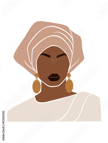Abstract beautiful black woman with turban illustration. Vector illustration.