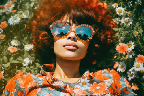 Radiant woman with curly hair, sunglasses and a floral top