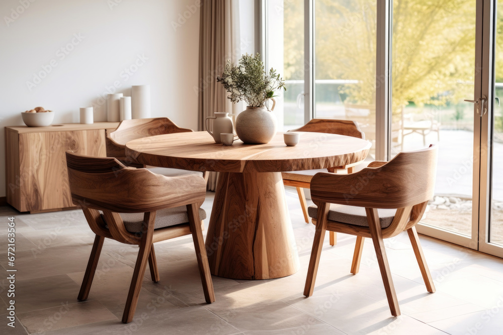 Round dining table made of wooden slabs and chairs around it. modern dining room interior design