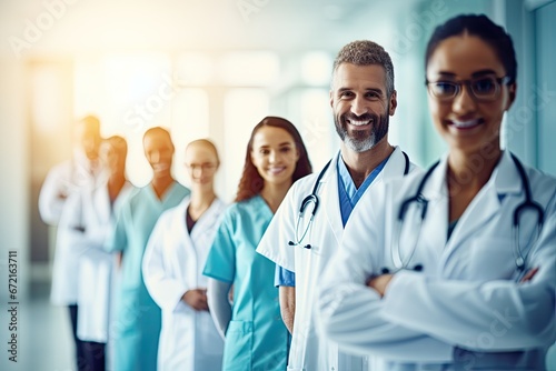 Professional doctor working in hospital office or clinic with other doctors, nurse and surgeon. Doctor staff service concept. Ai generative photo