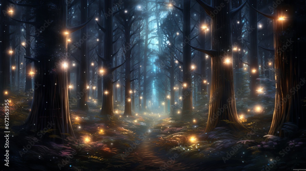 Christmas wonderland: magical forest with glowing lights and festive trees