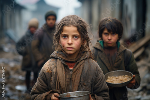 Crowd of poor staring hungry teenager kids on street with a sad expression on face full of pain. Holds bowl plate with food. War social crisis problem issue help charity donation concept