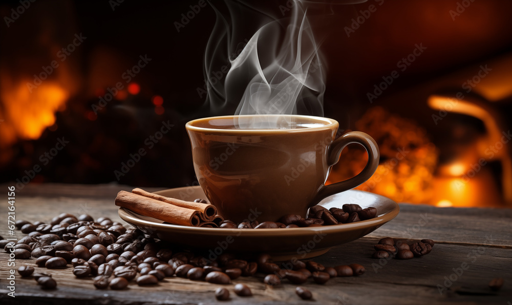 Fresh Coffee Steam on Wooden Table Close-up