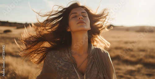 young woman with eyes closed standing with her hair in the wind breeze #672164162