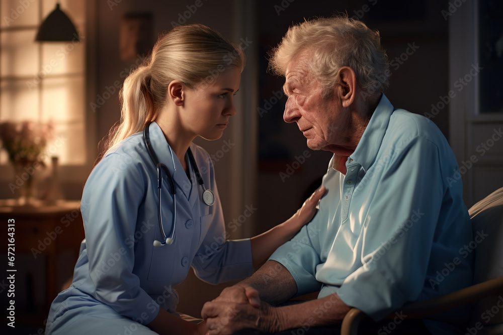Senior man with dementia or Alzheimer's is comforted by caring female doctor at home. Senior man with dementia or Alzheimer's is comforted by caring female doctor at home.