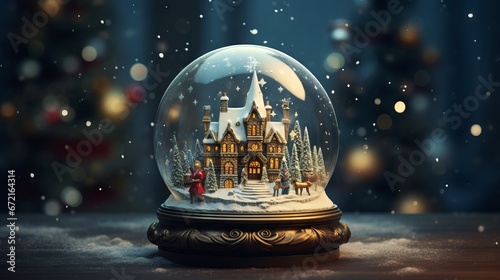 Magical snow globe with Christmas decorations on a wooden table with fairy lights