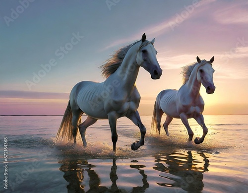 Transparent horses walking out of the ocean  solarpunk aesthetics  sunset. Generative AI