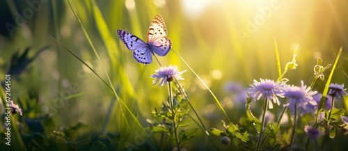 spring meadow with flowers, butterfly 