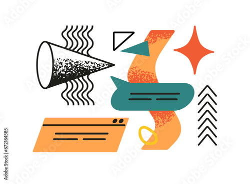 Geometric shapes, geometry figures: cone, triangles. Abstract element composition with wave, arrow. Speech bubble, message, chat, mail. Online communication. Flat isolated vector illustration on white