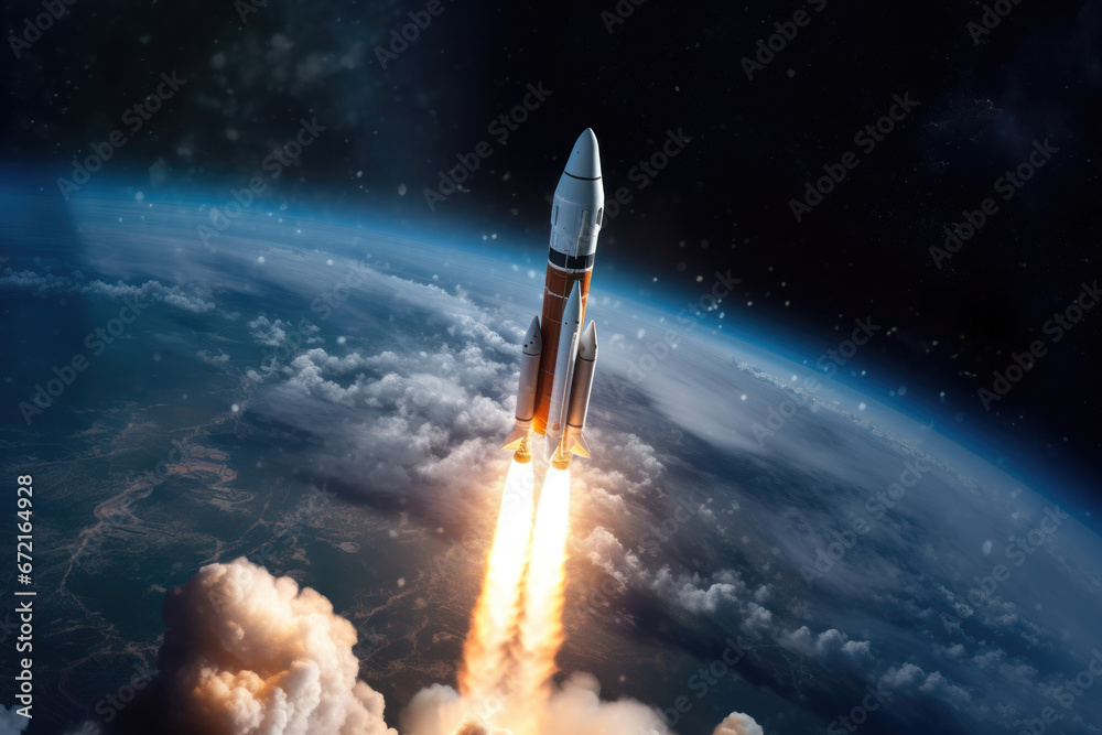 Fototapeta premium Rocket launches into space with a fiery trail, above a blue planet