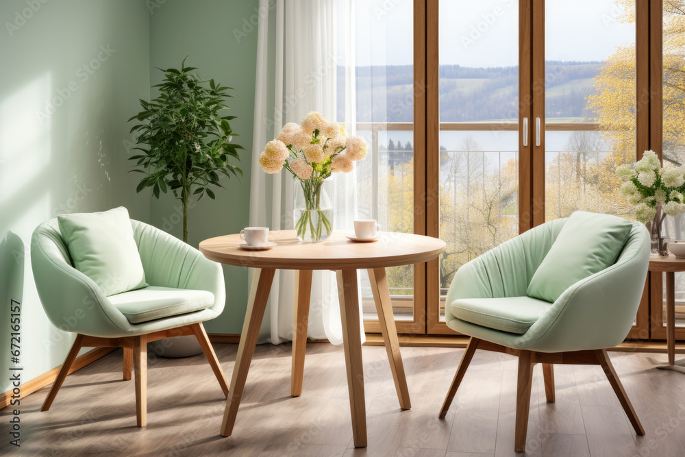 Fototapeta premium Two mint-colored chairs near a round wooden dining table by the window. Scandinavian interior design for modern dining room