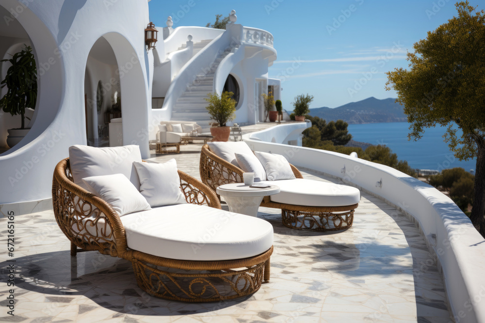 Two deck chairs on terrace with pool with stunning sea view. Traditional mediterranean white architecture with arch. Summer vacation concept  - obrazy, fototapety, plakaty 