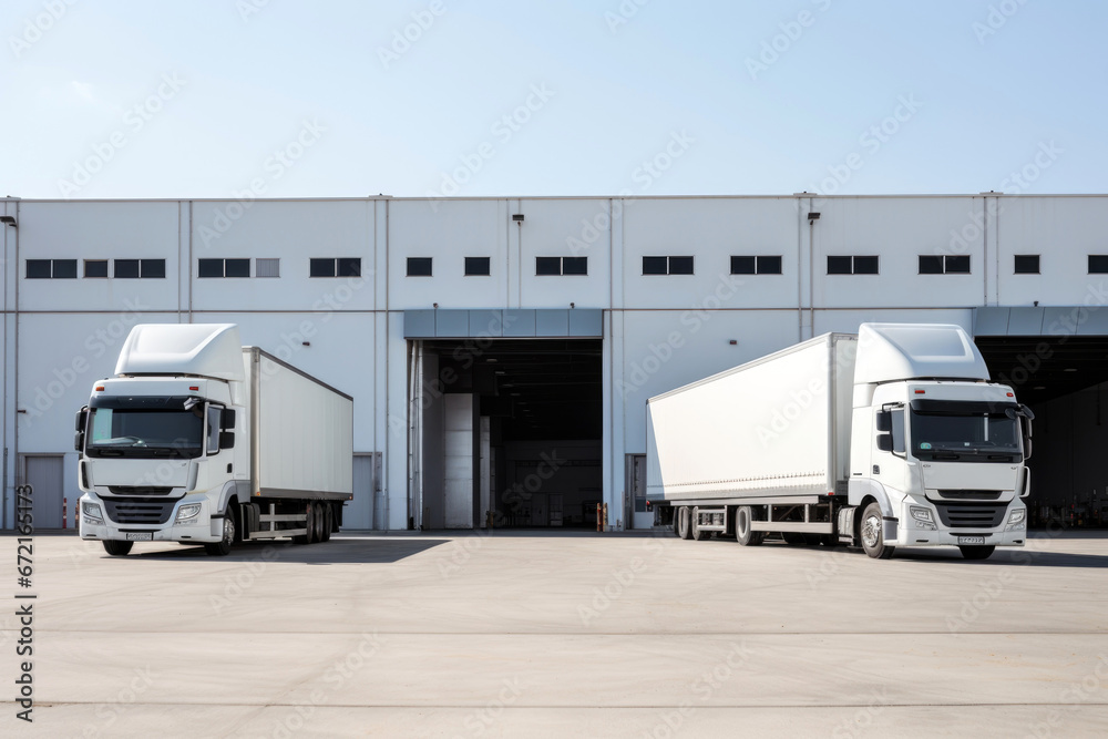 two trucks standing next to a white warehouse building two trucks standing next to a white warehouse building