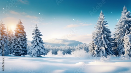 Fir tree branch with snow on a blue background: a festive greeting card for Christmas and New Year