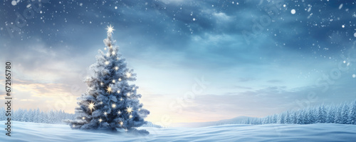 Beautiful christmas tree in fairytale snowy landscape. Wallpaper and background.