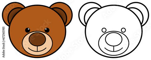 Bear head icon. Coloring book page for children. Colored and outline illustration isolated on transparent background. photo