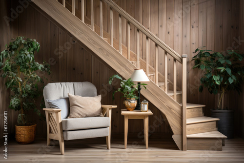 Wooden staircase in scandinavian rustic style interior design of modern entrance hall