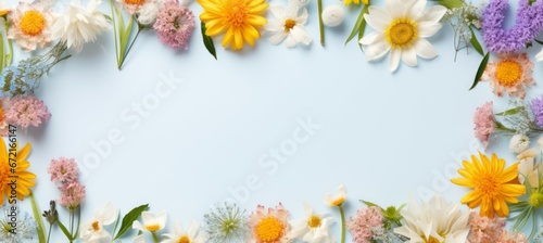Spring flower pattern frame background. Copy space for text and advert. Generative AI technology.
