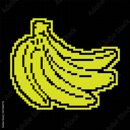Pixel silhouette icon, bunch of sweet ripe bananas. Harvesting tropical fruits. Simple black and yellow vector isolated