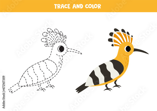 Trace and color cartoon hoopoe. Worksheet for children.