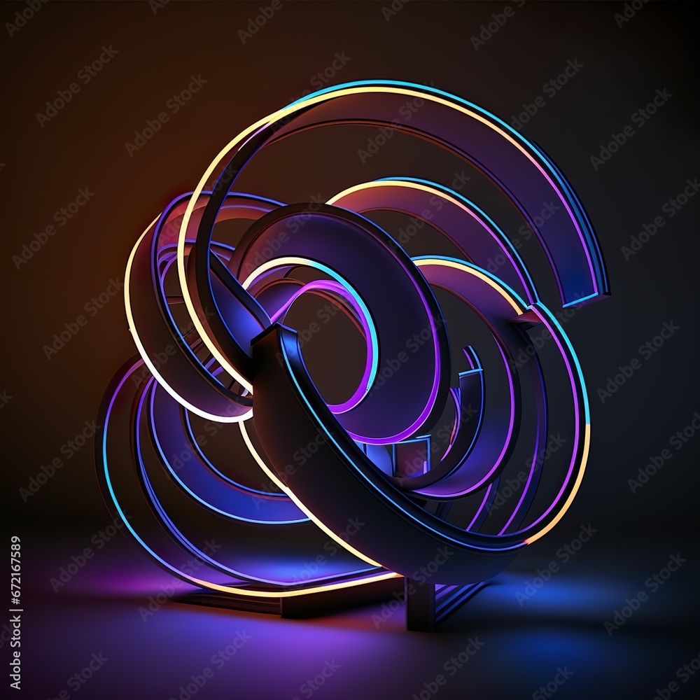 3d render, abstract geometric neon background, glowing spiral line ...