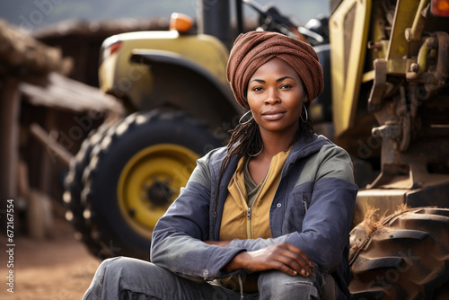 African-American professional woman standing in front of tractor machine and smiling cheerfully to camera. Pretty happy female farmer worker in field at farm. Agricultural work.