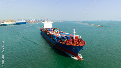 cargo container shipping sailing in sea import export logistic goods and distributing products to dealer and consumers across worldwide, by container ship Transport, business service.