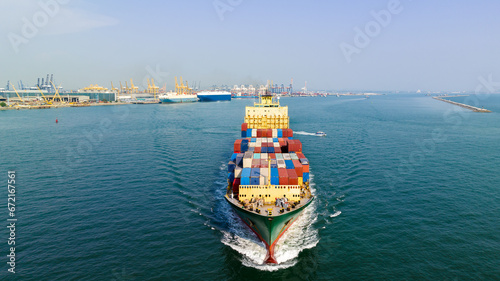 cargo container shipping sailing in sea import export logistic goods and distributing products to dealer and consumers across worldwide, by container ship Transport, business service.